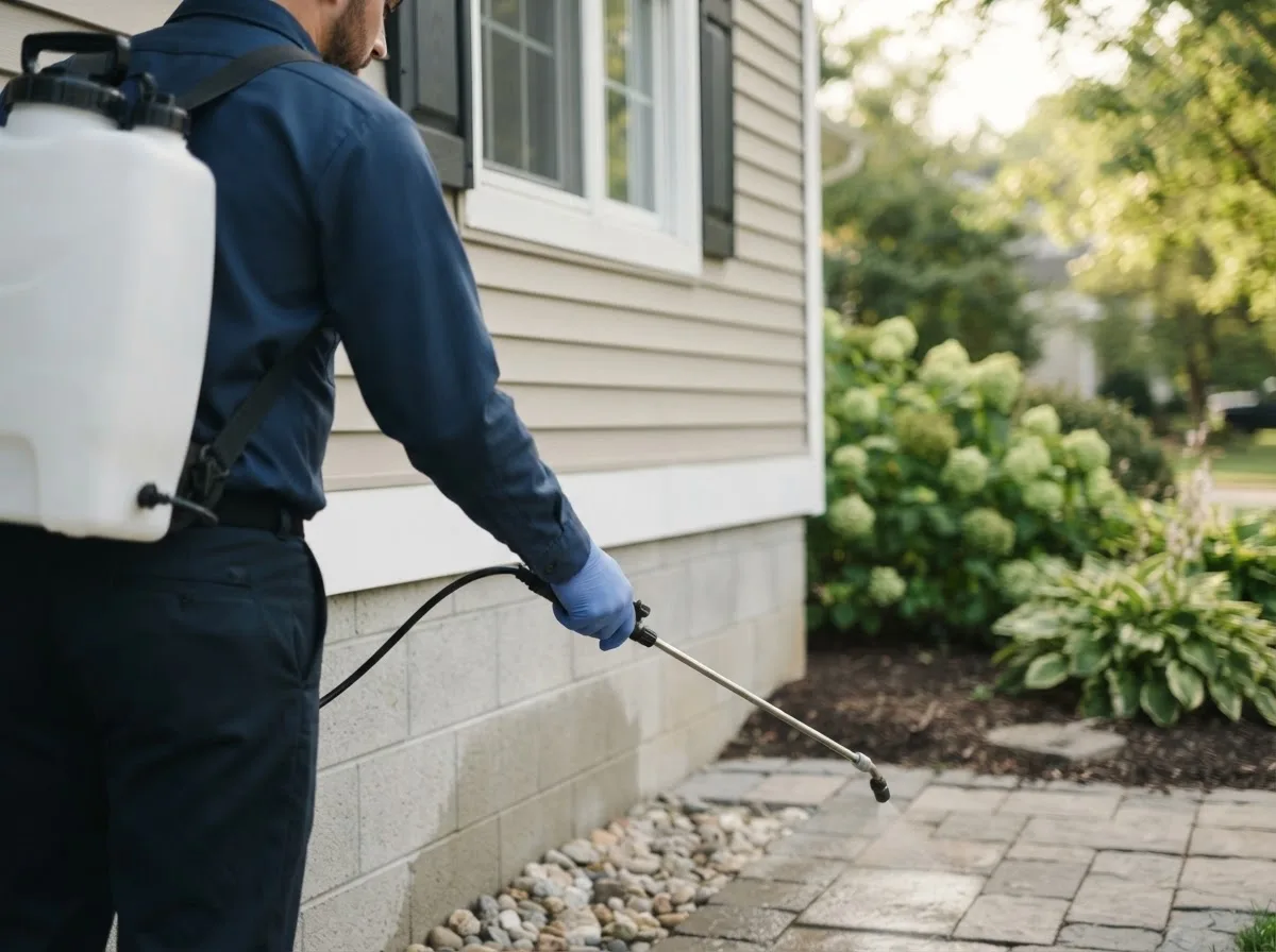 Pest control technician inspecting a home in Mount Pleasant, OH